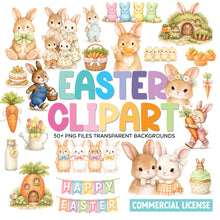 Load image into Gallery viewer, Watercolor Easter Bunny Clipart Bundle – 50+ Spring PNG Graphics