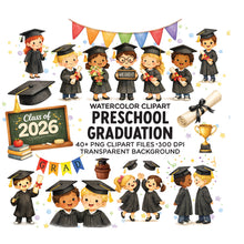 Load image into Gallery viewer, Preschool Graduation Clipart Bundle – Watercolor Kids Graduation PNGs | Class of 2026 School Clipart | Commercial Use