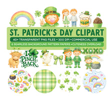 Load image into Gallery viewer, St. Patrick’s Day Clipart Bundle – Watercolor Irish PNGs &amp; Seamless Pattern Papers
