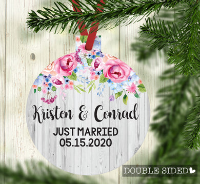 First Christmas Married Floral and Faux Wood Ornament