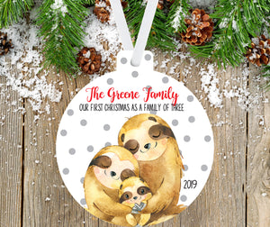 Sloth Christmas Ornament for a Family of three